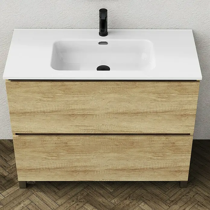 Artysan Conjunto de mueble de baño Ariel - Ancho: 100 cm, Nature, 3 pzs. - Lavabo de baño moderno con mueble de madera y encimera blanca para un diseño de baño elegante.