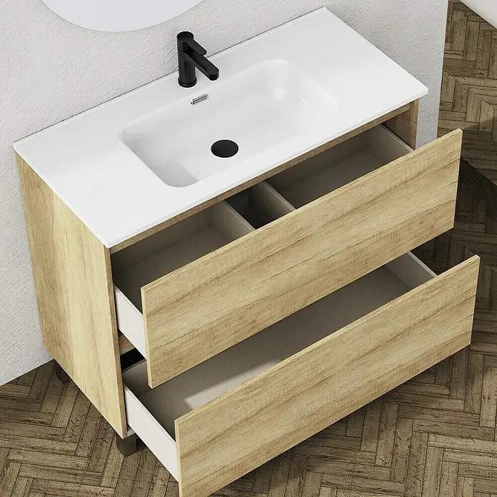 Artysan Conjunto de mueble de baño Ariel - Ancho: 100 cm, Nature, 3 pzs. - Mueble de lavabo moderno con cajones abiertos, diseño de madera clara y encimera blanca con grifo negro.