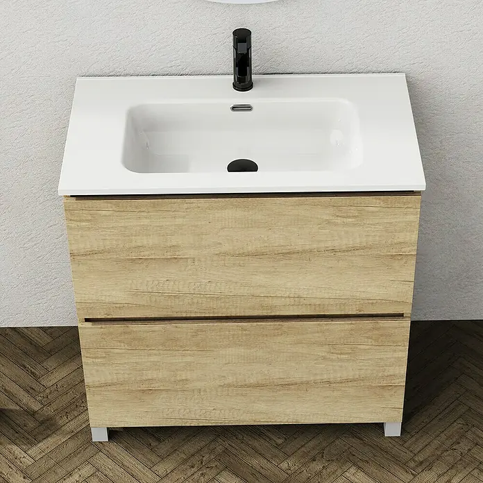 Artysan Conjunto de mueble de baño Ariel - Ancho: 80 cm, Nature, 3 pzs. - Primer plano de un mueble de baño con lavabo, que combina diseño moderno y funcionalidad.