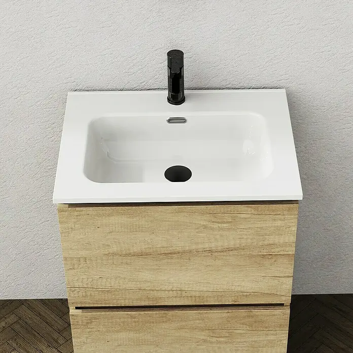Artysan Conjunto de mueble de baño Ariel - Ancho: 60 cm, Nature, 3 pzs. - Elegante mueble de baño con lavabo blanco y cajones con textura de madera, incluyendo grifo moderno, ideal para cualquier baño.