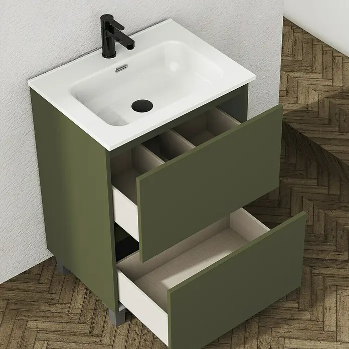 Artysan Conjunto de mueble de baño Ariel - Ancho: 70 cm, Verde olivo, 3 pzs. - Moderno mueble de lavabo color oliva con dos cajones abiertos y un elegante grifo negro para el baño.