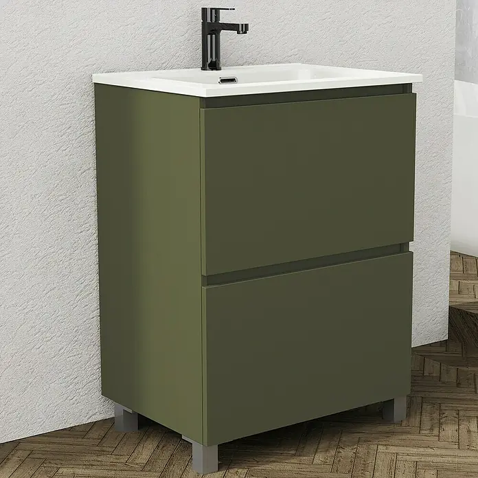 Artysan Conjunto de mueble de baño Ariel - Ancho: 70 cm, Verde olivo, 3 pzs. - La imagen muestra un mueble de lavabo verde oliva con dos cajones y un lavabo blanco. Una solución de baño elegante.