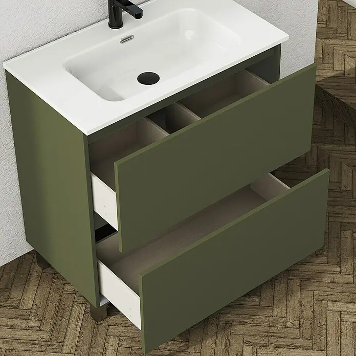Artysan Conjunto de mueble de baño Ariel - Ancho: 80 cm, Verde olivo, 3 pzs. - Lavabo de baño moderno con mueble verde oliva, cajones abiertos que muestran el almacenamiento, complementando el diseño contemporáneo del baño.