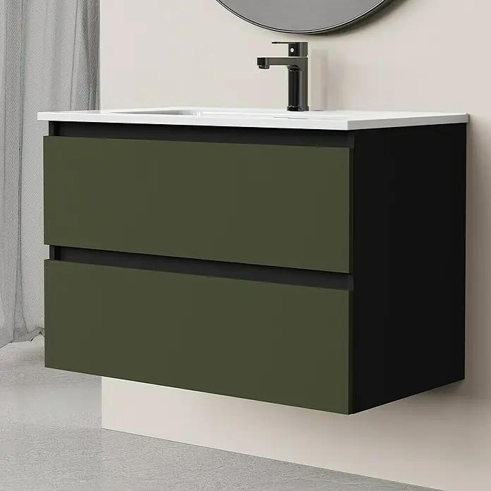 Artysan Conjunto de mueble de baño Bico - Ancho: 80 cm, Verde olivo/Negro, 3 pzs. - Un moderno mueble de baño en verde oliva y negro, con una encimera blanca y un elegante grifo negro.