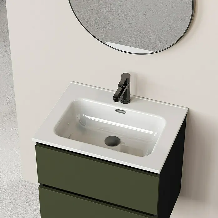 Artysan Conjunto de mueble de baño Bico - Ancho: 60 cm, Verde olivo/Negro, 3 pzs. - Tocador de baño moderno con lavabo blanco, grifo negro y gabinete verde oliva para un diseño elegante y funcional.