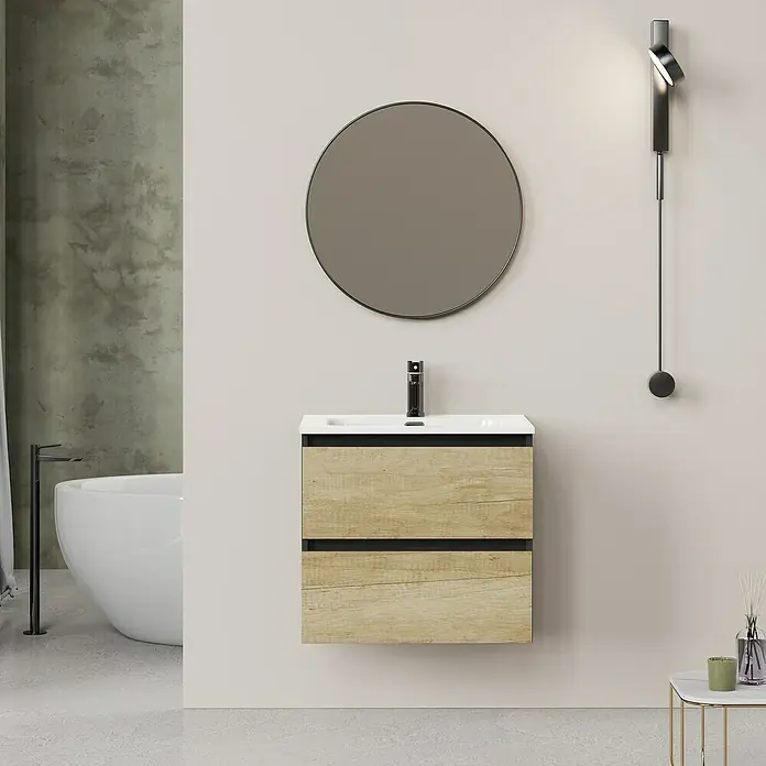 Artysan Conjunto de mueble de baño Bico - Ancho: 60 cm, Nature/Nergo, 3 pzs. - Un baño moderno con un mueble de lavabo con apariencia de madera, un espejo redondo y una lámpara de pared elegante.