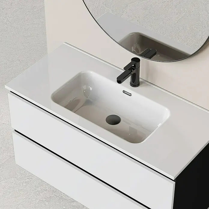 Artysan Conjunto de mueble de baño Bico - Ancho: 100 cm, Blanco/Negro, 3 pzs. - Mueble de lavabo moderno con grifo negro y reflejo de espejo redondo para un diseño de baño elegante.