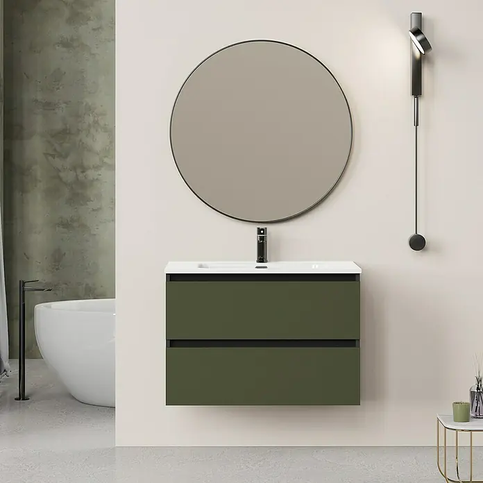 Artysan Conjunto de mueble de baño Bico - Ancho: 80 cm, Verde olivo/Negro, 3 pzs. - Moderno baño con mueble bajo lavabo verde oliva con lavabo blanco y espejo redondo. Diseño de baño elegante.