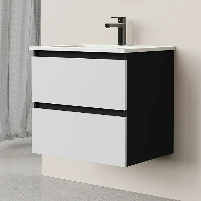 Artysan Conjunto de mueble de baño Bico - Ancho: 60 cm, Blanco/Negro, 3 pzs. - Mueble de baño moderno con cajones blancos y negros y grifo negro. Diseño elegante para tu baño.