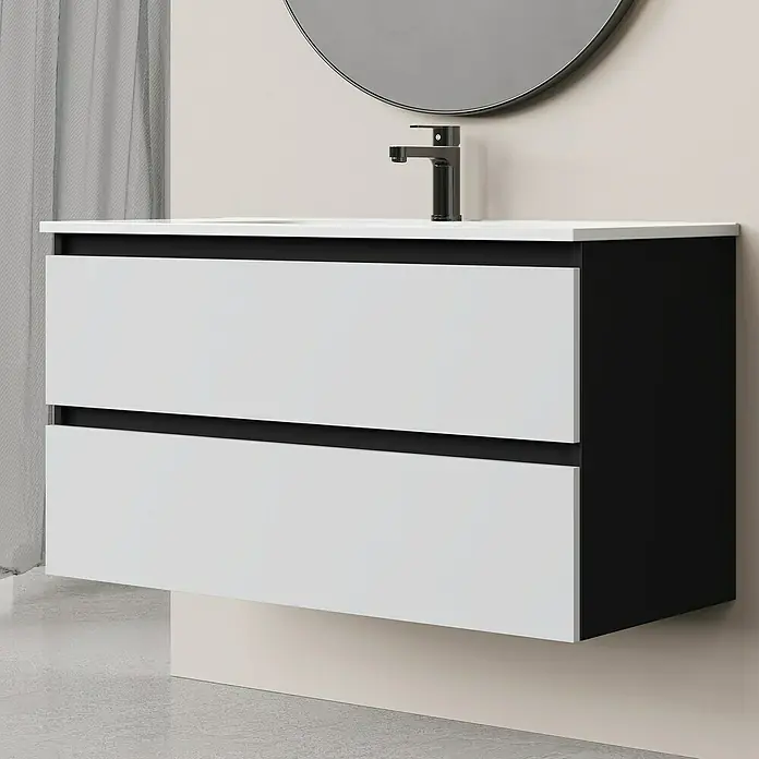 Artysan Conjunto de mueble de baño Bico - Ancho: 100 cm, Blanco/Negro, 3 pzs. - Elegante lavabo con dos cajones en blanco y negro. El diseño sencillo se complementa con un espejo redondo y un grifo moderno.