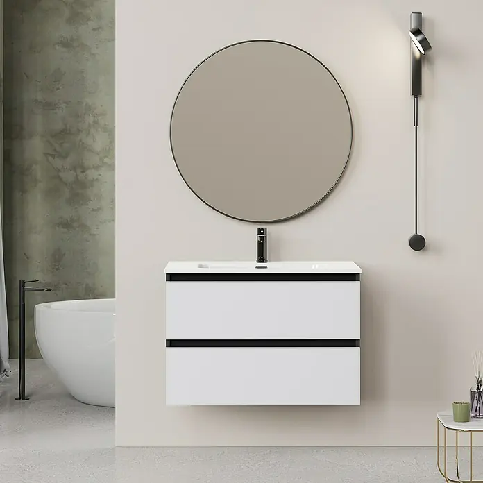 Artysan Conjunto de mueble de baño Bico - Ancho: 80 cm, Blanco/Negro, 3 pzs. - Baño moderno con un elegante mueble de lavabo blanco con cajones y un espejo redondo.