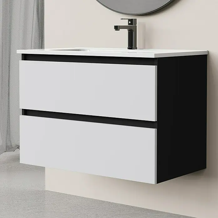 Artysan Conjunto de mueble de baño Bico - Ancho: 80 cm, Blanco/Negro, 3 pzs. - Lavabo de baño moderno con dos cajones en blanco y negro. Diseño elegante apto para cualquier baño.