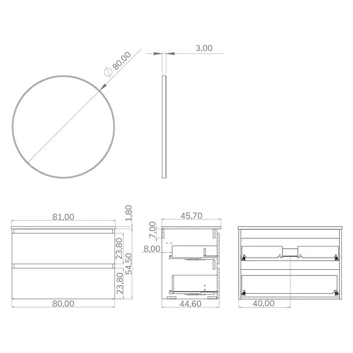 Artysan Conjunto de mueble de baño Bico - Ancho: 80 cm, Verde olivo/Negro, 3 pzs. - Dibujo técnico de un mueble de baño con lavabo y dos cajones, incluye las dimensiones.