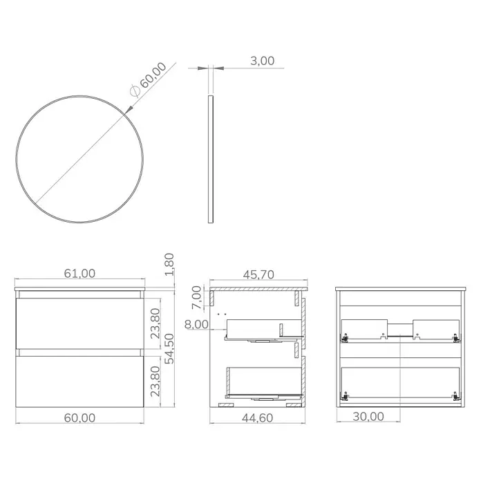 Artysan Conjunto de mueble de baño Bico - Ancho: 60 cm, Blanco/Negro, 3 pzs. - Imagen de un mueble de lavabo con dos cajones, vistas frontal, lateral y superior. Las dimensiones están indicadas en milímetros.