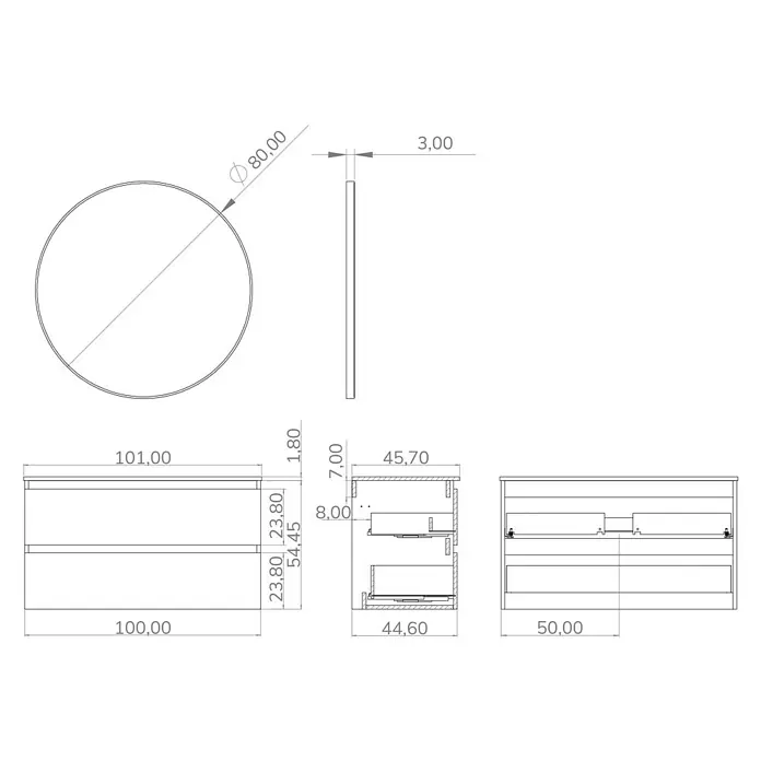 Artysan Conjunto de mueble de baño Bico - Ancho: 100 cm, Blanco/Negro, 3 pzs. - Dibujo del producto de un mueble de baño con cajones y un espejo redondo, incluyendo las dimensiones de cada pieza.