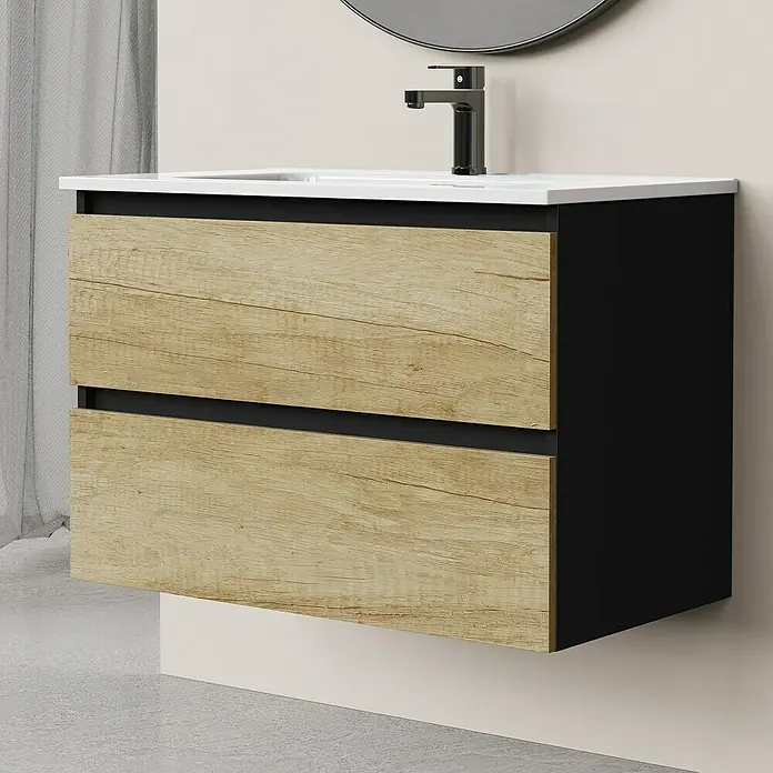 Artysan Conjunto de mueble de baño Bico - Ancho: 80 cm, Nature/Nergo, 3 pzs. - Tocador de baño moderno con dos cajones de madera y estructura negra bajo un elegante lavabo blanco.