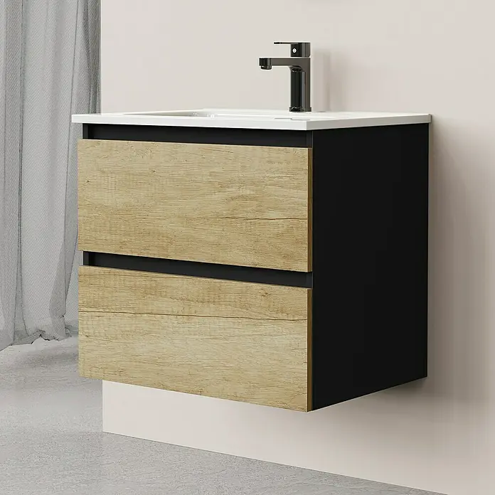 Artysan Conjunto de mueble de baño Bico - Ancho: 60 cm, Nature/Nergo, 3 pzs. - Elegante lavabo con mueble con aspecto de madera y detalles en negro. Ideal para baños modernos.