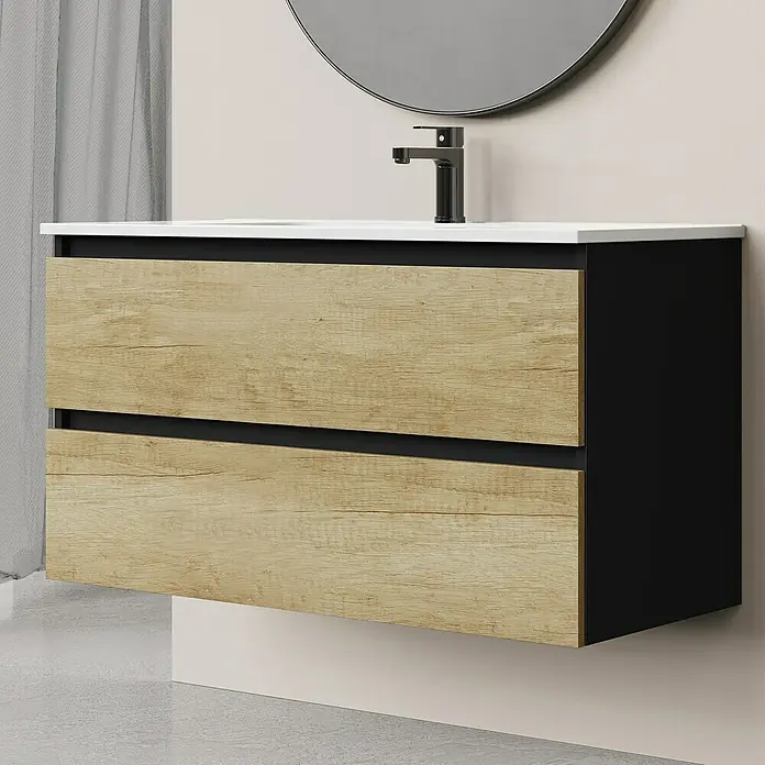 Artysan Conjunto de mueble de baño Bico - Ancho: 100 cm, Nature/Nergo, 3 pzs. - Primer plano de un moderno mueble de baño con dos cajones de madera y grifo negro.