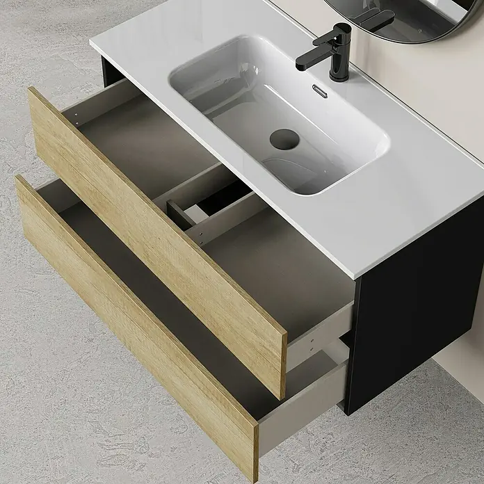 Artysan Conjunto de mueble de baño Bico - Ancho: 100 cm, Nature/Nergo, 3 pzs. - Un moderno mueble de baño con cajones de madera abiertos y un marco negro elegante, ideal para un interior de baño con estilo.