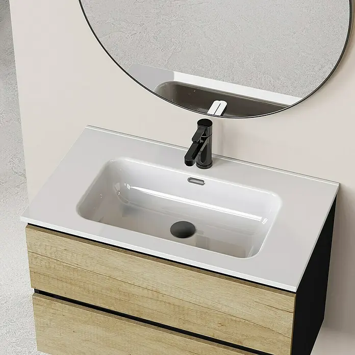 Artysan Conjunto de mueble de baño Bico - Ancho: 80 cm, Nature/Nergo, 3 pzs. - Primer plano de un baño moderno con lavabo, grifo y espejo. Diseño elegante para un baño con estilo.
