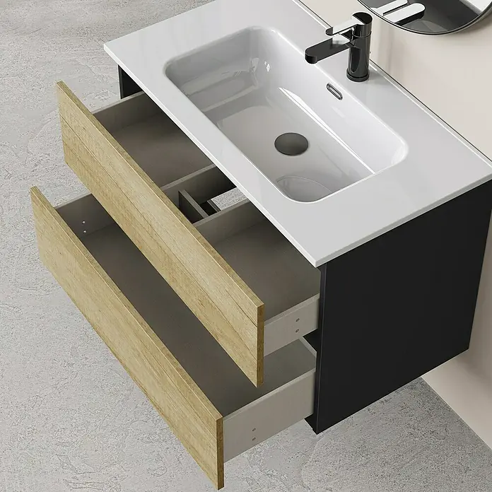 Artysan Conjunto de mueble de baño Bico - Ancho: 80 cm, Nature/Nergo, 3 pzs. - Elegante mueble de lavabo con dos cajones de aspecto madera y un moderno mueble bajo negro.