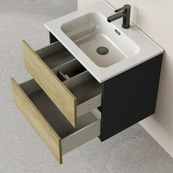 Artysan Conjunto de mueble de baño Bico - Ancho: 60 cm, Nature/Nergo, 3 pzs. - Este moderno mueble de baño con dos cajones abiertos ofrece un almacenamiento elegante en el baño.