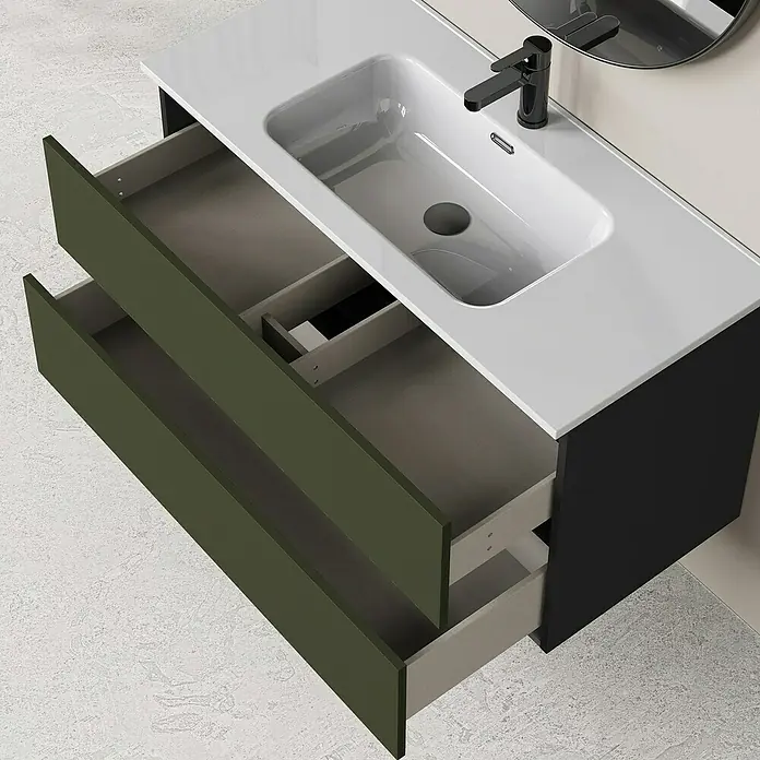 Artysan Conjunto de mueble de baño Bico - Ancho: 100 cm, Verde olivo/Negro, 3 pzs. - Moderno lavabo de baño con sistema de cajones abiertos en verde y negro, ideal para diseños de baño elegantes.