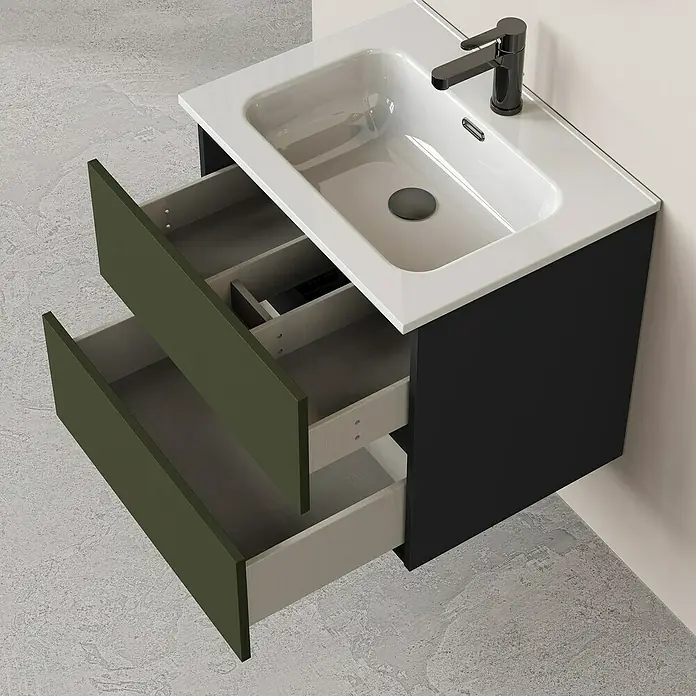 Artysan Conjunto de mueble de baño Bico - Ancho: 60 cm, Verde olivo/Negro, 3 pzs. - Lavabo de baño moderno con sistema de cajones abiertos y grifo negro para un ambiente elegante.