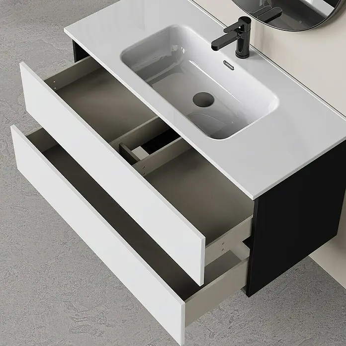 Artysan Conjunto de mueble de baño Bico - Ancho: 100 cm, Blanco/Negro, 3 pzs. - Mueble de baño con cajones blancos bajo un elegante lavabo con grifo negro y espejo.