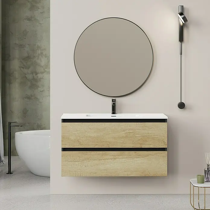 Artysan Conjunto de mueble de baño Bico - Ancho: 100 cm, Nature/Nergo, 3 pzs. - Mueble de baño con espejo redondo y lámpara de pared. El mueble tiene decoración de madera y dos cajones con tiradores negros.