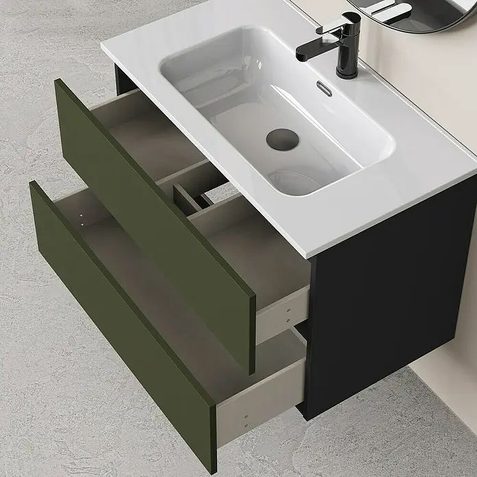Artysan Conjunto de mueble de baño Bico - Ancho: 80 cm, Verde olivo/Negro, 3 pzs. - Mueble de lavabo moderno con sistema de cajones abiertos en verde y negro, ideal para el baño moderno.