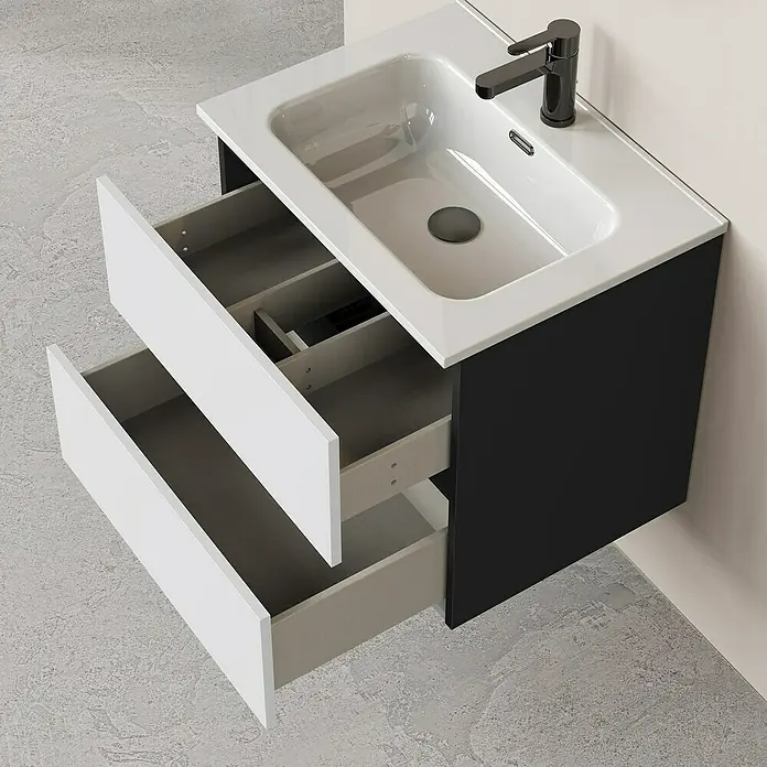 Artysan Conjunto de mueble de baño Bico - Ancho: 60 cm, Blanco/Negro, 3 pzs. - Mueble de baño negro con dos cajones blancos y lavabo blanco con grifo.