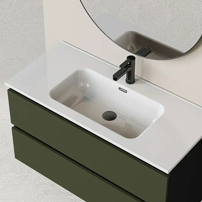 Artysan Conjunto de mueble de baño Bico - Ancho: 100 cm, Verde olivo/Negro, 3 pzs. - Lavabo de baño moderno con grifo negro y mueble bajo lavabo verde oliva para una estética elegante.