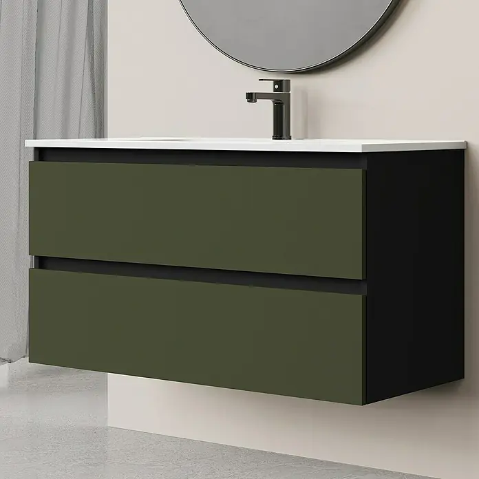Artysan Conjunto de mueble de baño Bico - Ancho: 100 cm, Verde olivo/Negro, 3 pzs. - Primer plano de un tocador de baño moderno con dos cajones verdes, encimera blanca y marco negro.