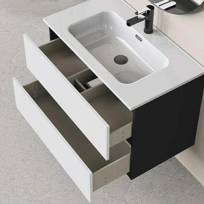Artysan Conjunto de mueble de baño Bico - Ancho: 80 cm, Blanco/Negro, 3 pzs. - Combinación moderna de mueble de lavabo en blanco y negro con dos cajones abiertos y lavabo sobre encimera.