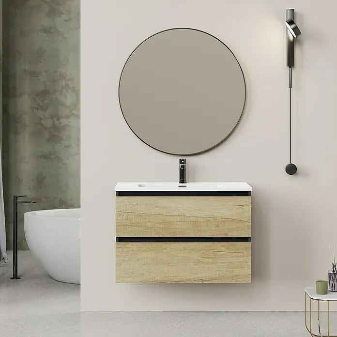 Artysan Conjunto de mueble de baño Bico - Ancho: 80 cm, Nature/Nergo, 3 pzs. - Un tocador de baño moderno con un acabado de madera y un espejo redondo arriba, que añade un toque de estilo al espacio.