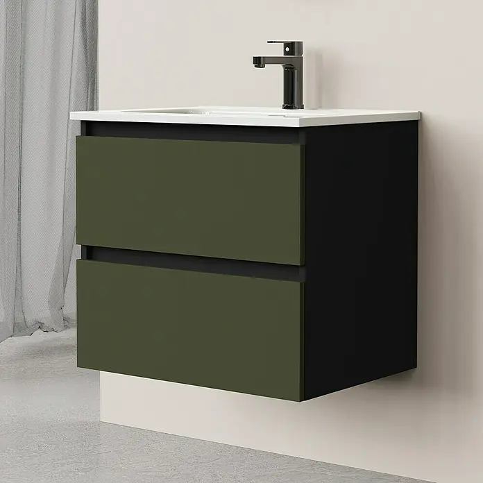 Artysan Conjunto de mueble de baño Bico - Ancho: 60 cm, Verde olivo/Negro, 3 pzs. - Un moderno mueble de baño en negro y verde oliva con dos cajones y un lavabo blanco. Mueble de baño elegante y funcional.