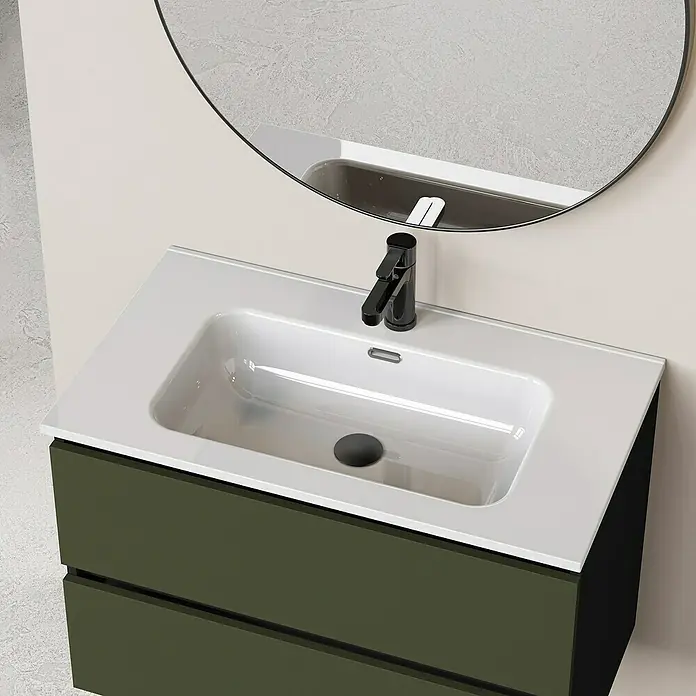 Artysan Conjunto de mueble de baño Bico - Ancho: 80 cm, Verde olivo/Negro, 3 pzs. - Mueble de baño con lavabo blanco y grifo negro, un diseño moderno. Un toque elegante y funcional para cualquier baño.