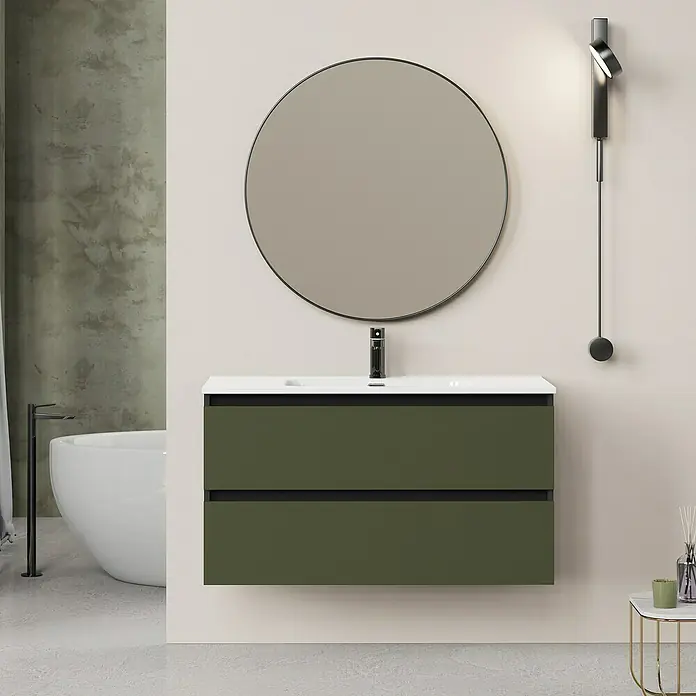 Artysan Conjunto de mueble de baño Bico - Ancho: 100 cm, Verde olivo/Negro, 3 pzs. - Mueble de baño moderno con espejo redondo e iluminación elegante para un ambiente elegante.