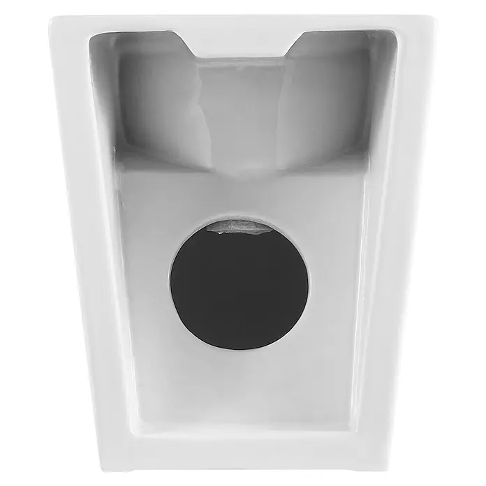 Artysan Bidé Inter 3 - 37 x 55 cm, Blanco, Cerámica, Sin esmalte especial - Una foto cenital de un urinario blanco con un agujero de desagüe negro, que muestra su diseño elegante y moderno.