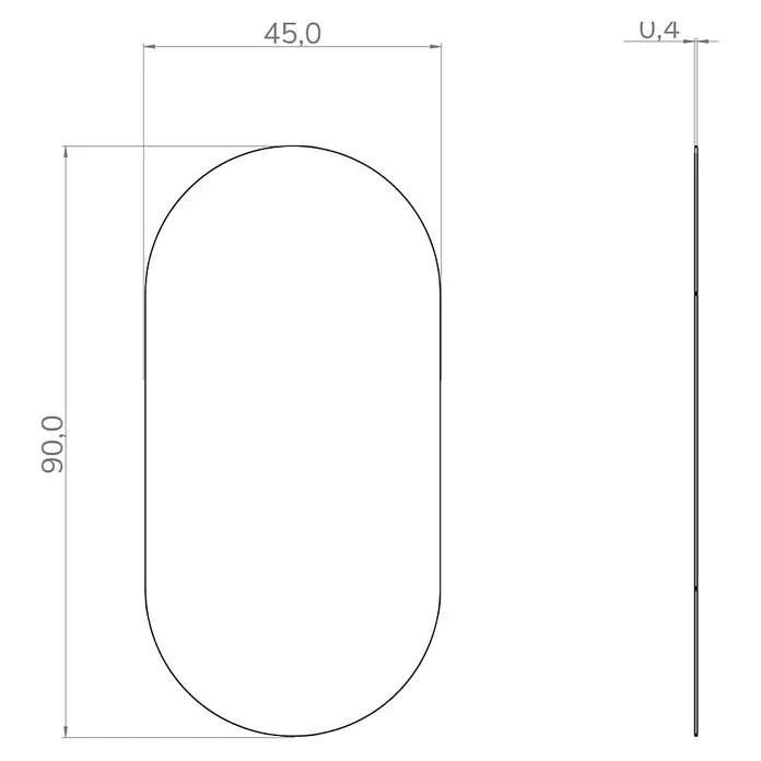 Artysan Espejo de pared Oval - 45 x 90 cm - Vista del producto: Esta imagen muestra un producto elegante de forma ovalada que mide 90,0 x 45,0 mm con un grosor de 0,4 mm, representado en un dibujo técnico.