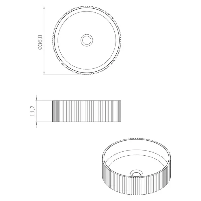 Artysan Lavabo de sobremesa Cristal - Diámetro: 36 cm, Azul - Diagrama de producto de un botón redondo con superficie moleteada y dimensiones de Ø36.0 y 11.2.
