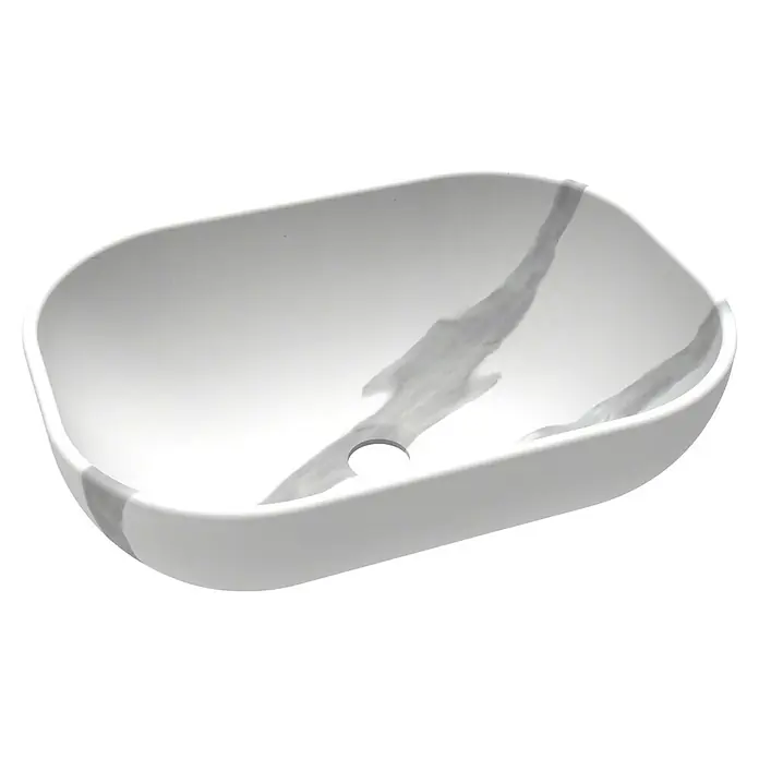 Artysan Lavabo de sobremesa Ovalo - 32 x 45,5 cm, Sin desbordamiento, Mármol blanco - Lavabo de cerámica en blanco con mármol gris, un diseño elegante y con estilo para tu baño. El lavabo tiene forma ovalada y un aspecto moderno.