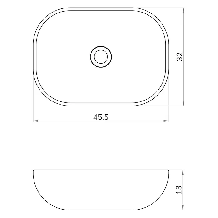Artysan Lavabo de sobremesa Ovalo - 32 x 45,5 cm, Sin desbordamiento, Mármol blanco - Diagrama esquemático de un lavabo con dimensiones 45,5 x 32 x 13. La ilustración muestra una forma rectangular con esquinas redondeadas.