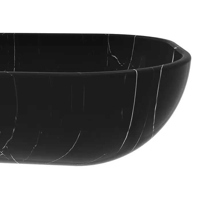 Artysan Lavabo de sobremesa Ovalo - 32 x 45,5 cm, Sin desbordamiento, Mármol negro - Primer plano de un elegante lavabo de mármol negro con refinados detalles en blanco.