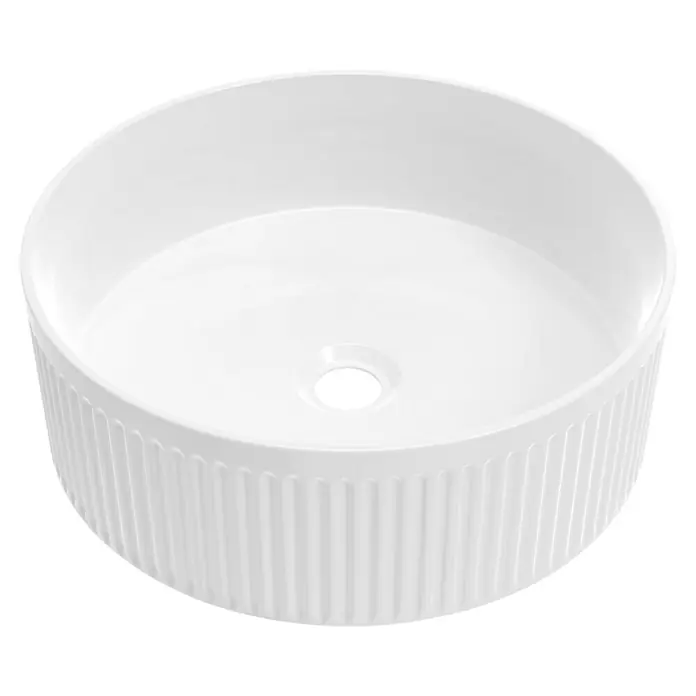 Artysan Lavabo de sobremesa Romulo - 36 x 36 cm, Sin desbordamiento, Blanco - Primer plano de un lavabo sobre encimera redondo blanco con exterior acanalado y orificio de desagüe en el centro.