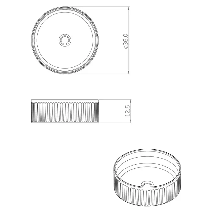 Artysan Lavabo de sobremesa Romulo - 36 x 36 cm, Sin desbordamiento, Mármol blanco - Dibujo técnico de un lavabo sobre encimera redondo con exterior acanalado y dimensiones.
