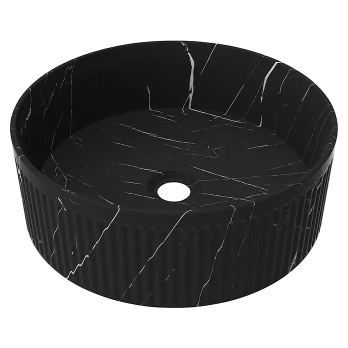 Artysan Lavabo de sobremesa Romulo - 36 x 36 cm, Sin desbordamiento, Mármol negro - Lavabo de mármol negro con diseño moderno. Ideal para un baño elegante con exterior acanalado.