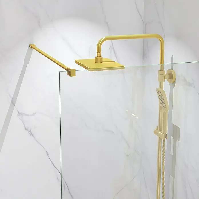 Artysan Mampara de ducha fija Horizon - An x Al: 70 x 195 cm, Oro - Conjunto de ducha dorado con cabezal cuadrado y ducha de mano sobre mampara de cristal con fondo de mármol. Diseño moderno.