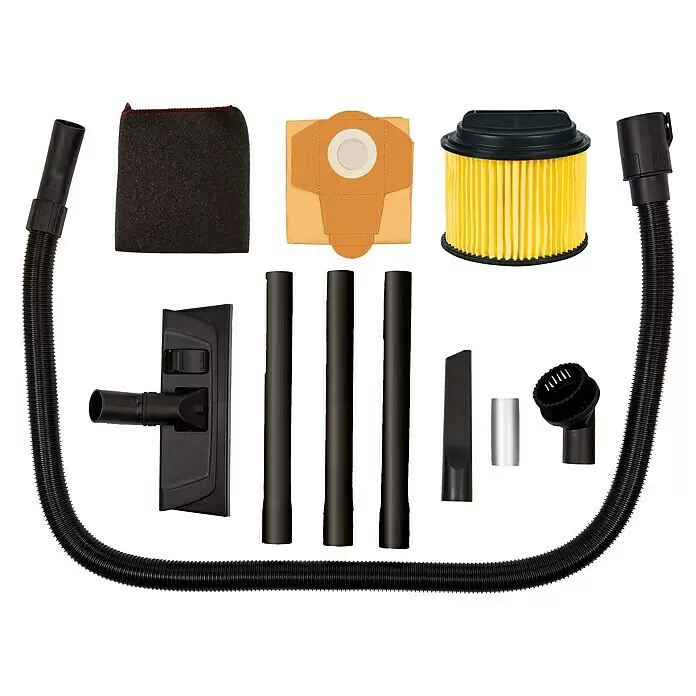 Einhell PXC 18V Akku-Nass-Trockensauger TC-VC 18/20 Li S-Solo - 18 V, Ohne Akku, Behältervolumen: 20 l - Sortiment schwarzer Staubsaugerzubehörteile: Schlauch, Düsen, Verlängerungsrohre, Schaumfilter, Papierstaubsack und gelber Faltenfilter.